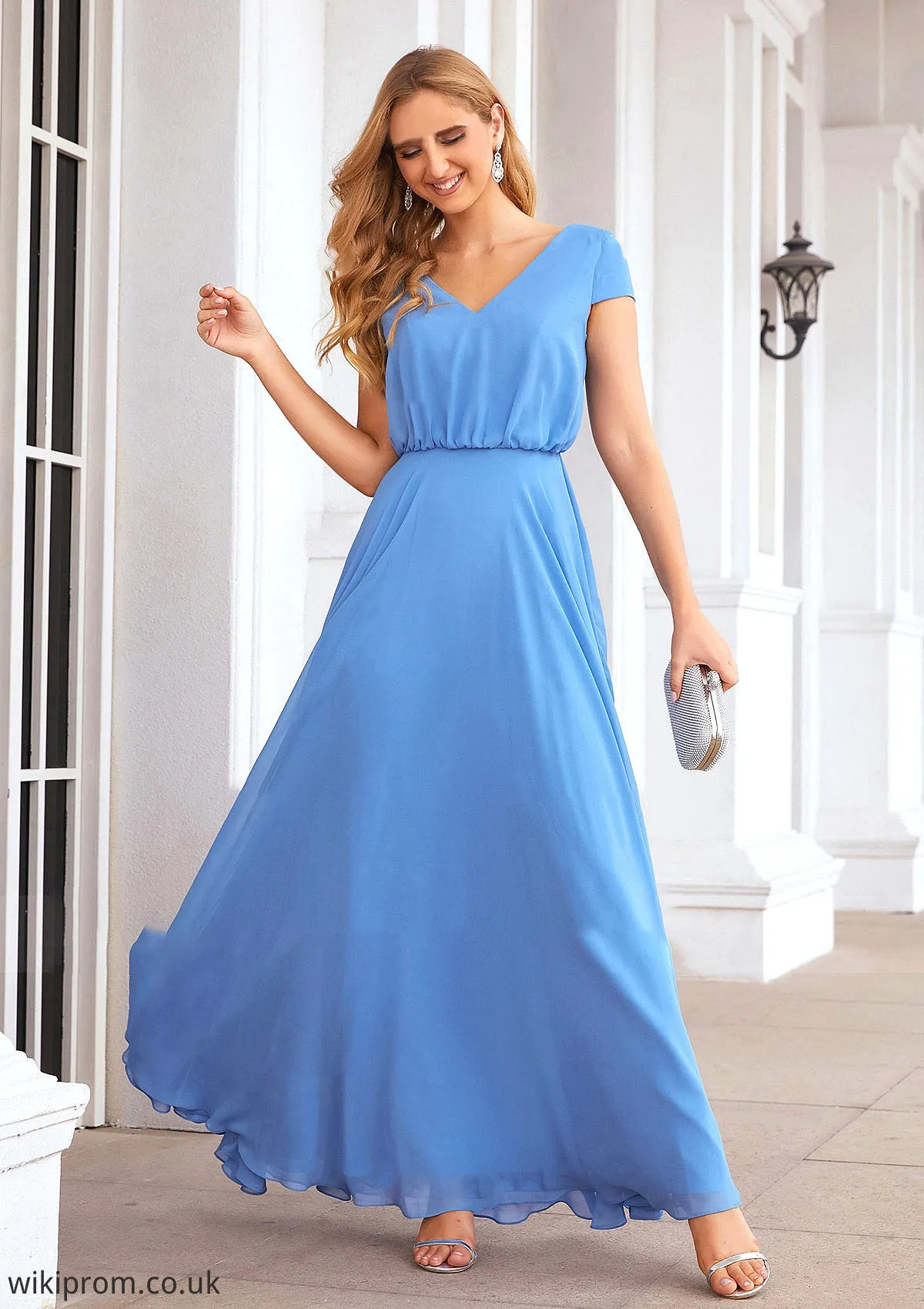 A-line V Neck Short Sleeve Chiffon Long/Floor-Length Bridesmaid Dresses Virginia SWKP0025390