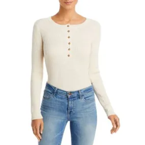 AQUA Women's Oatmeal Beige Ribbed Long Sleeve Button Up Bodysuit, Size XL