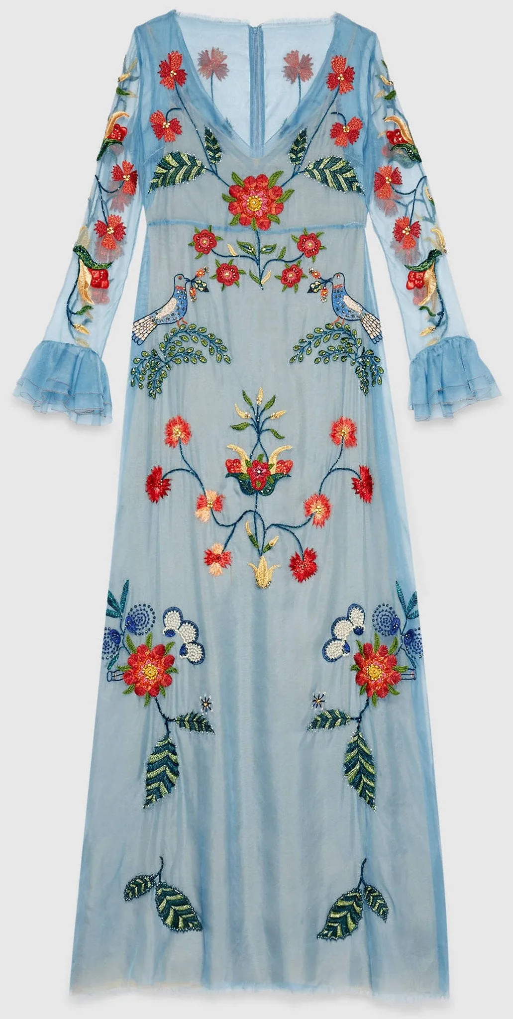 Baby Blue Floral Embroidered Long Silk Organza Dress