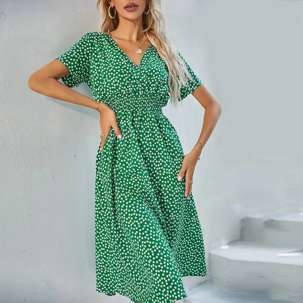 Beach Vacation Floral High Waist Pullover Bohemian Printed Casual Summer Dress