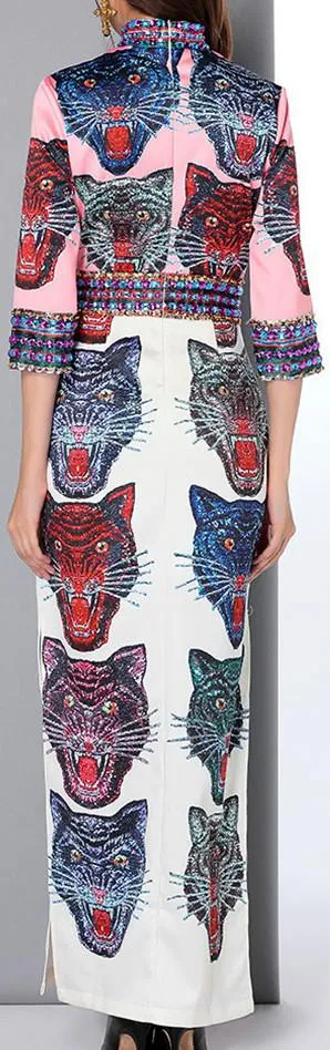 Bead-Embellished Tiger Print Dress