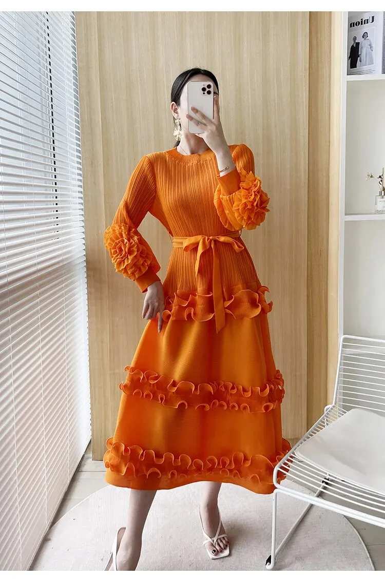 Bella Orange Floral Pleated Sleeve Dress