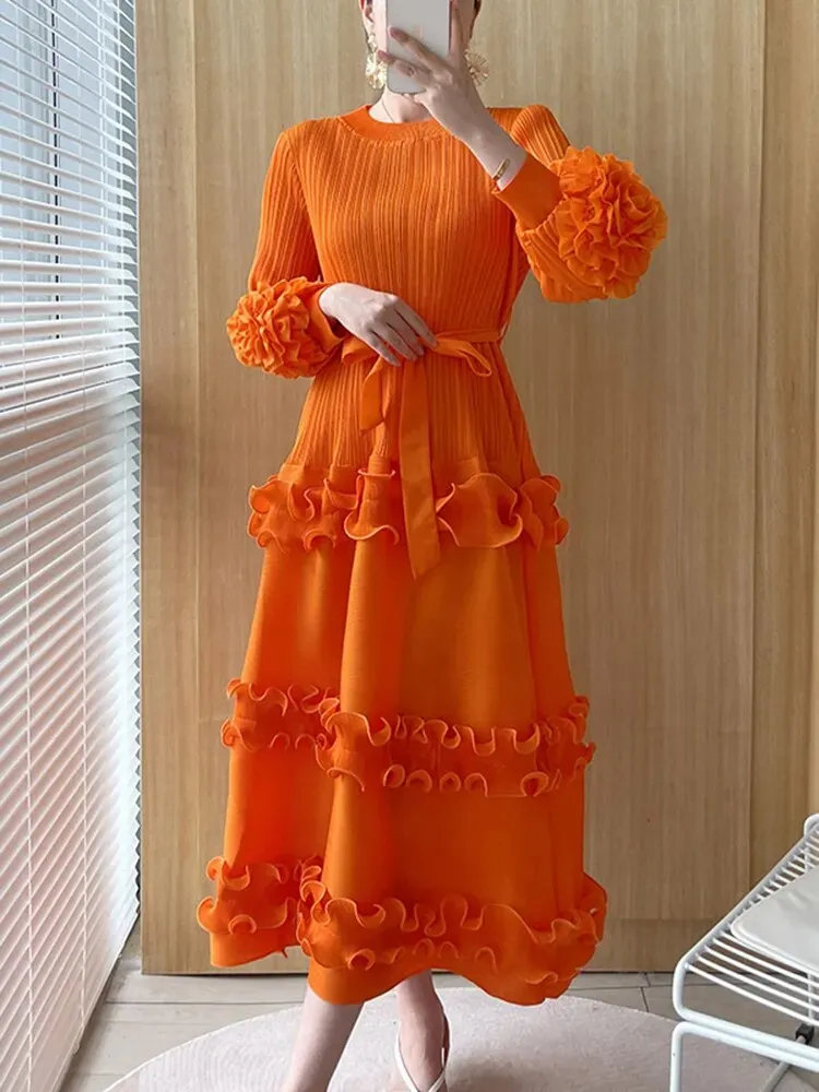 Bella Orange Floral Pleated Sleeve Dress