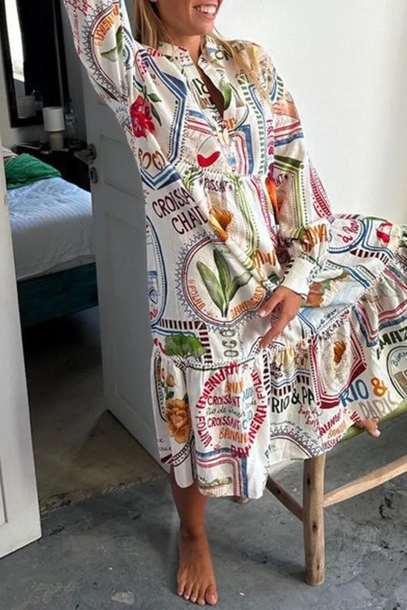 BerryBetty - Casual Geometric Printing O Neck Shirt Dress Dresses