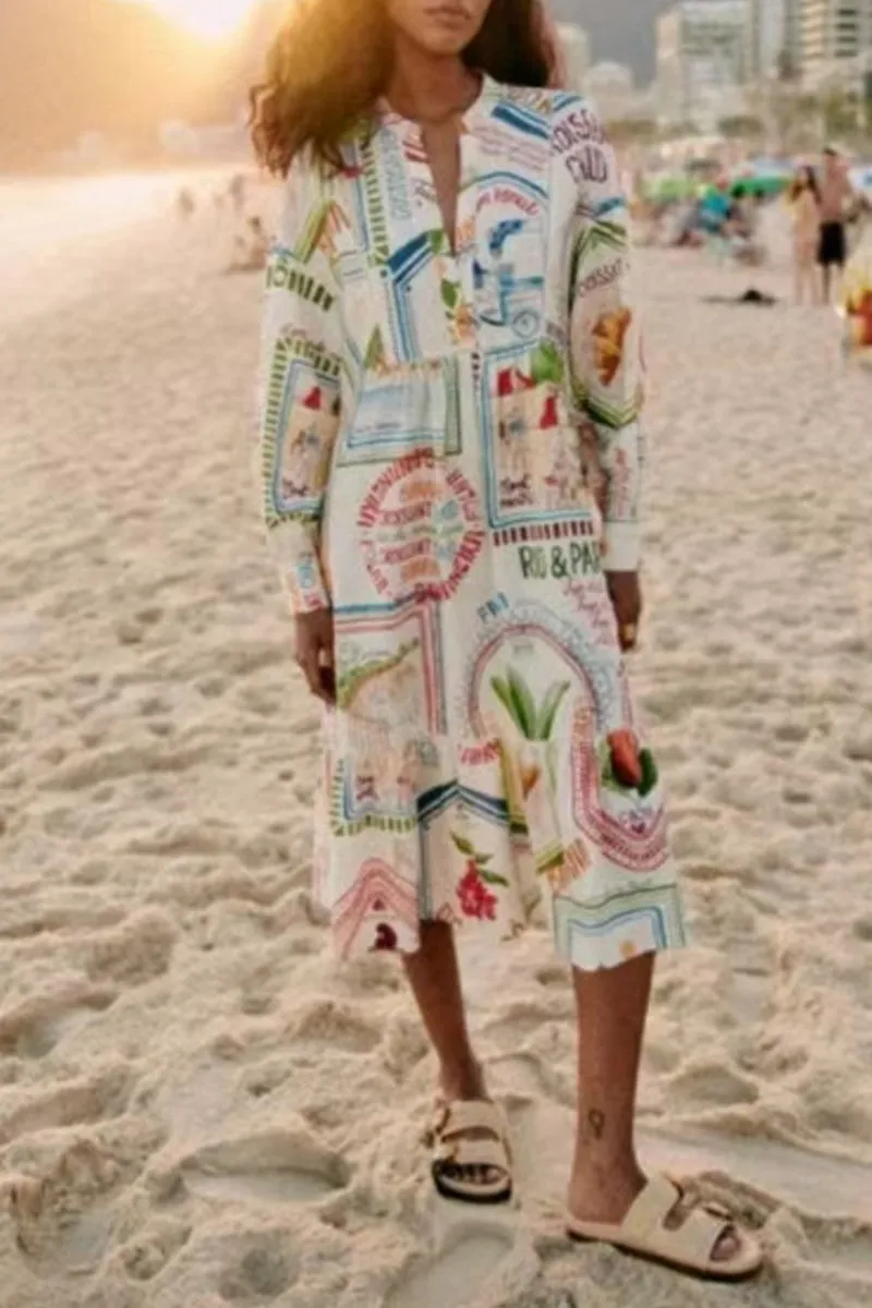 BerryBetty - Casual Geometric Printing O Neck Shirt Dress Dresses