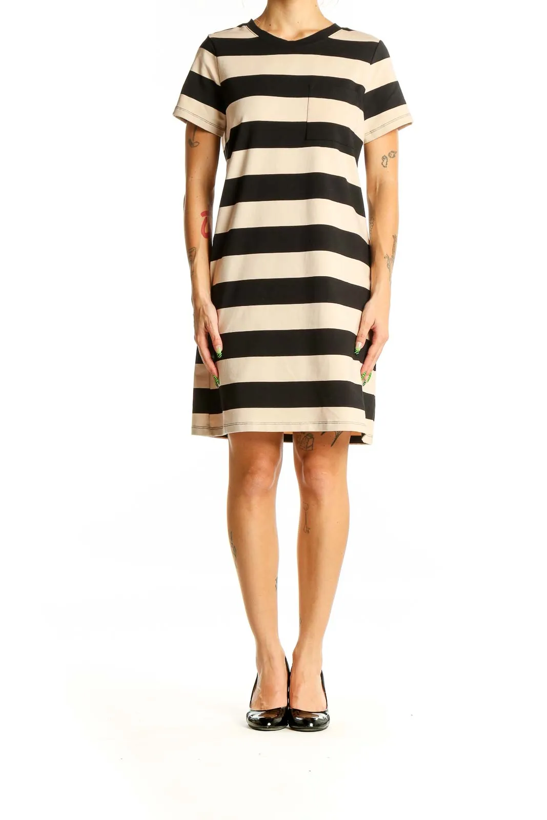 Black and Beige Striped T-Shirt Dress