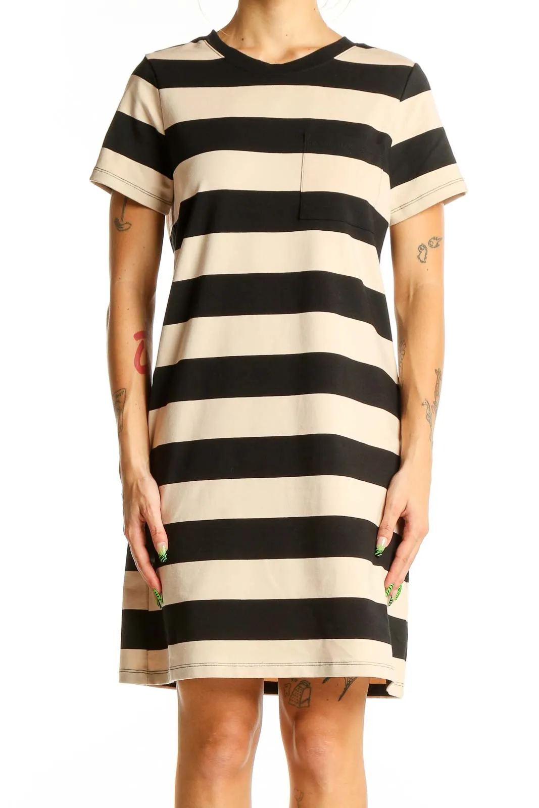 Black and Beige Striped T-Shirt Dress