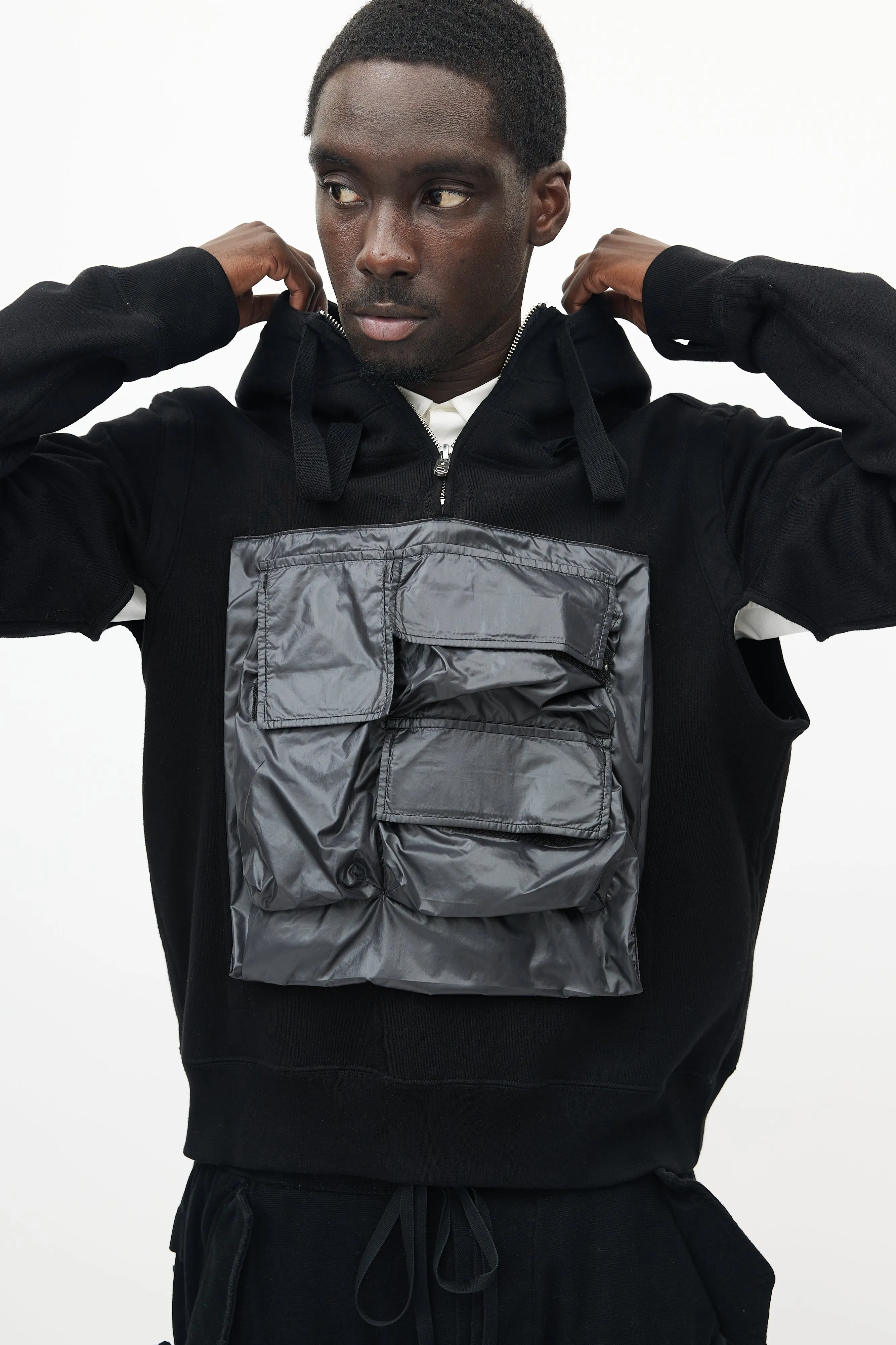 Black Quarter Zip Cargo Hoodie