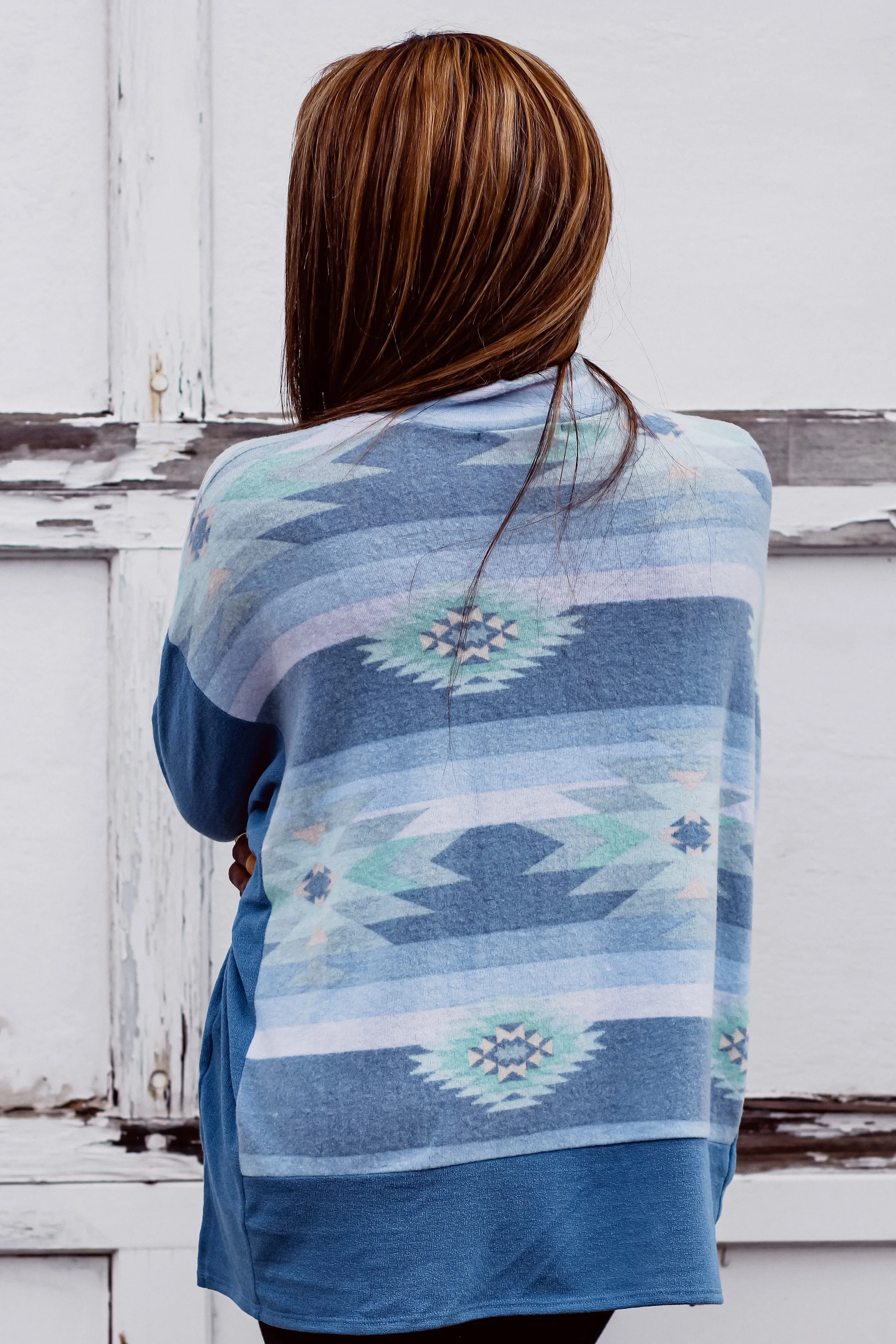 Blue Aztec Hacci Knit Mock Neck Top