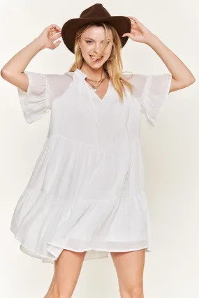 Breezy Short Sleeve Midi Dress with Ruffled Details and Tie-Strap V-Neck