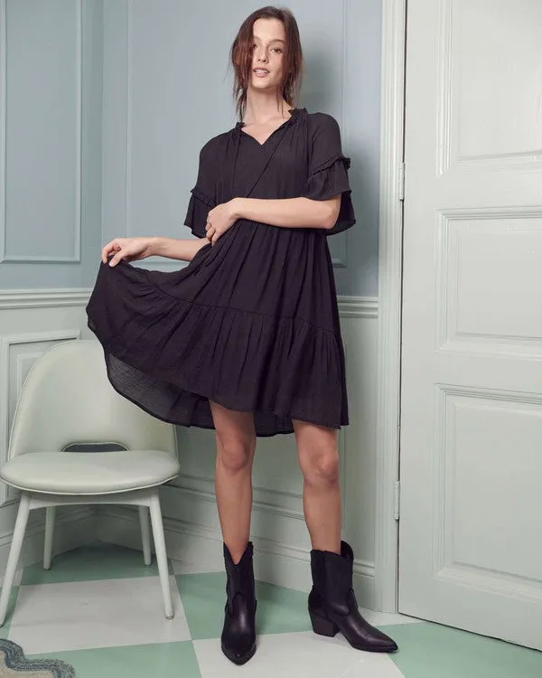 Breezy Short Sleeve Midi Dress with Ruffled Details and Tie-Strap V-Neck