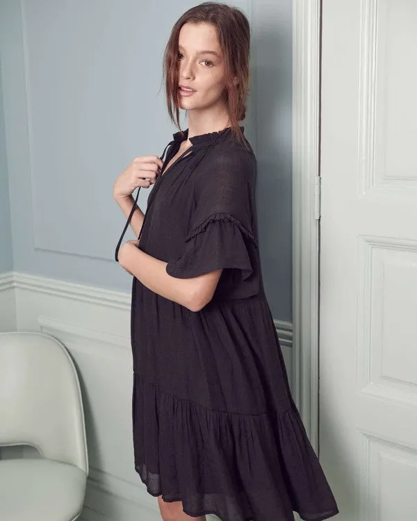 Breezy Short Sleeve Midi Dress with Ruffled Details and Tie-Strap V-Neck