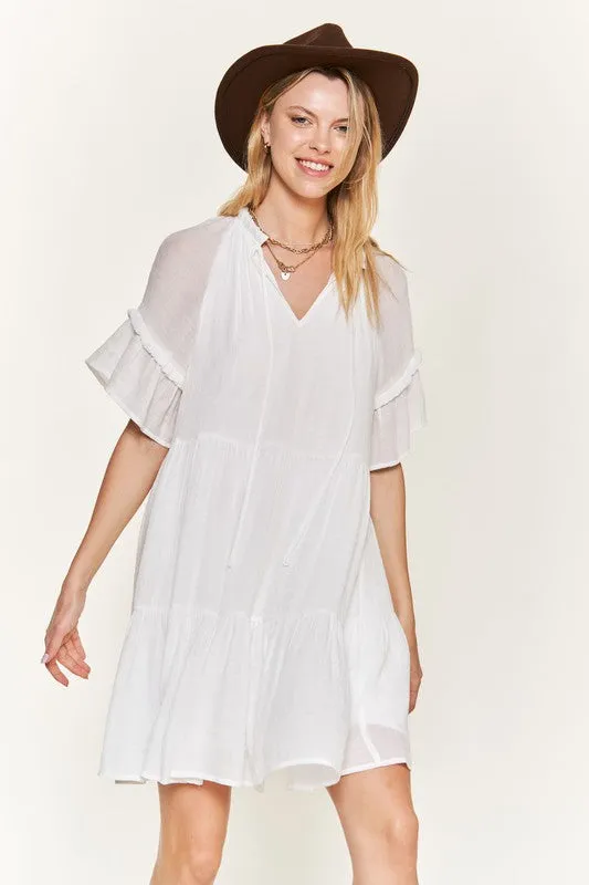 Breezy Short Sleeve Midi Dress with Ruffled Details and Tie-Strap V-Neck