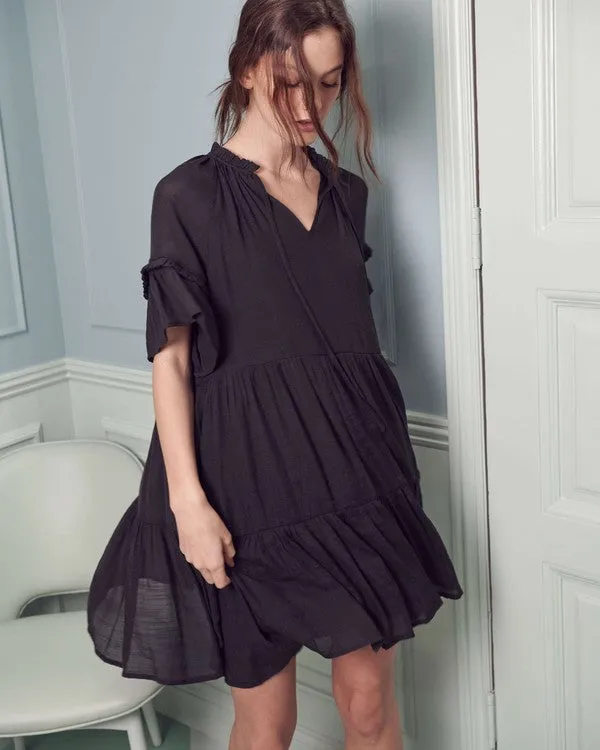 Breezy Short Sleeve Midi Dress with Ruffled Details and Tie-Strap V-Neck