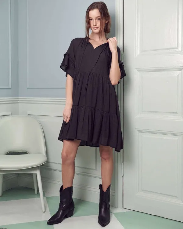 Breezy Short Sleeve Midi Dress with Ruffled Details and Tie-Strap V-Neck