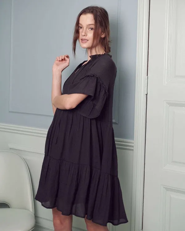 Breezy Short Sleeve Midi Dress with Ruffled Details and Tie-Strap V-Neck