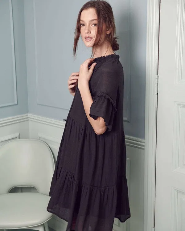 Breezy Short Sleeve Midi Dress with Ruffled Details and Tie-Strap V-Neck