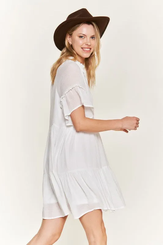 Breezy Short Sleeve Midi Dress with Ruffled Details and Tie-Strap V-Neck