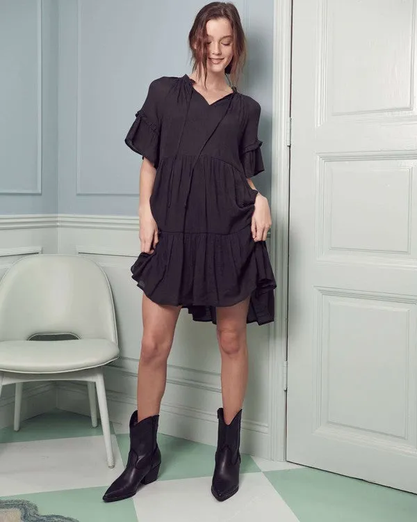 Breezy Short Sleeve Midi Dress with Ruffled Details and Tie-Strap V-Neck