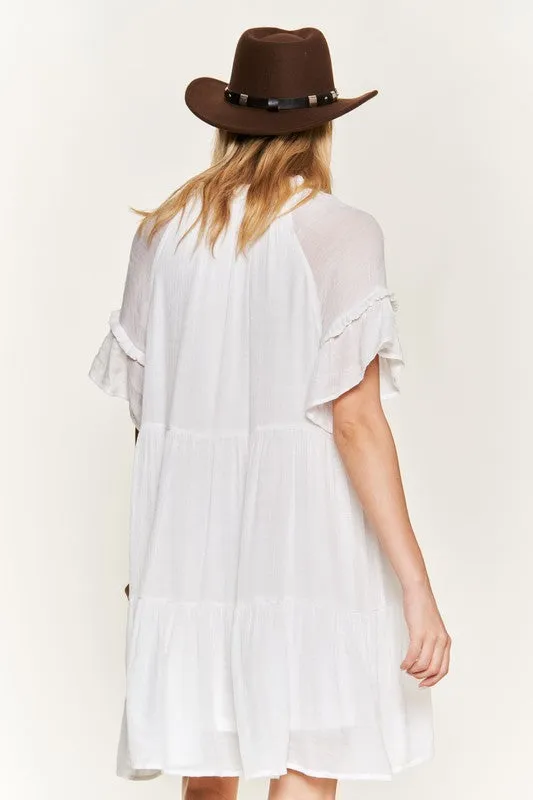 Breezy Short Sleeve Midi Dress with Ruffled Details and Tie-Strap V-Neck