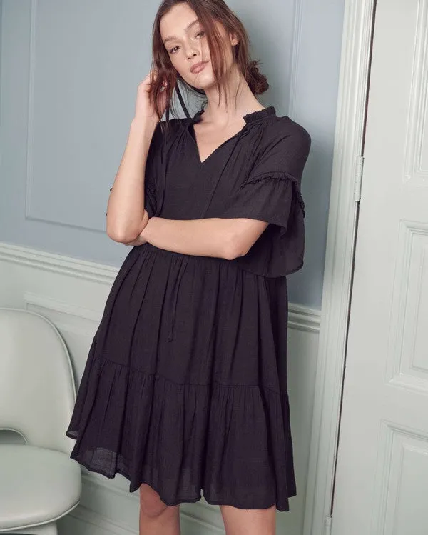 Breezy Short Sleeve Midi Dress with Ruffled Details and Tie-Strap V-Neck
