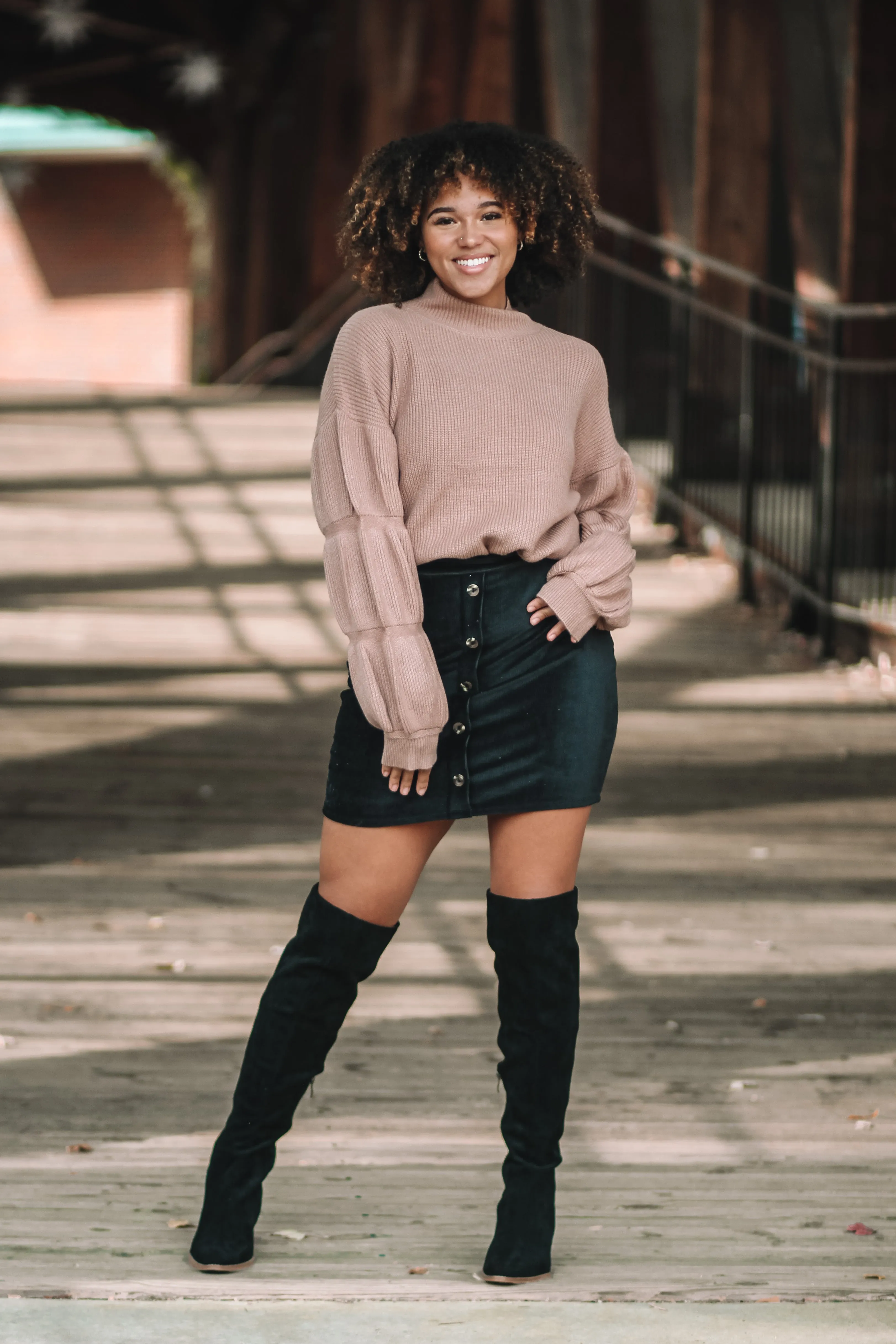 Camel Mock Neck Tiered Bubble Sleeve Sweater