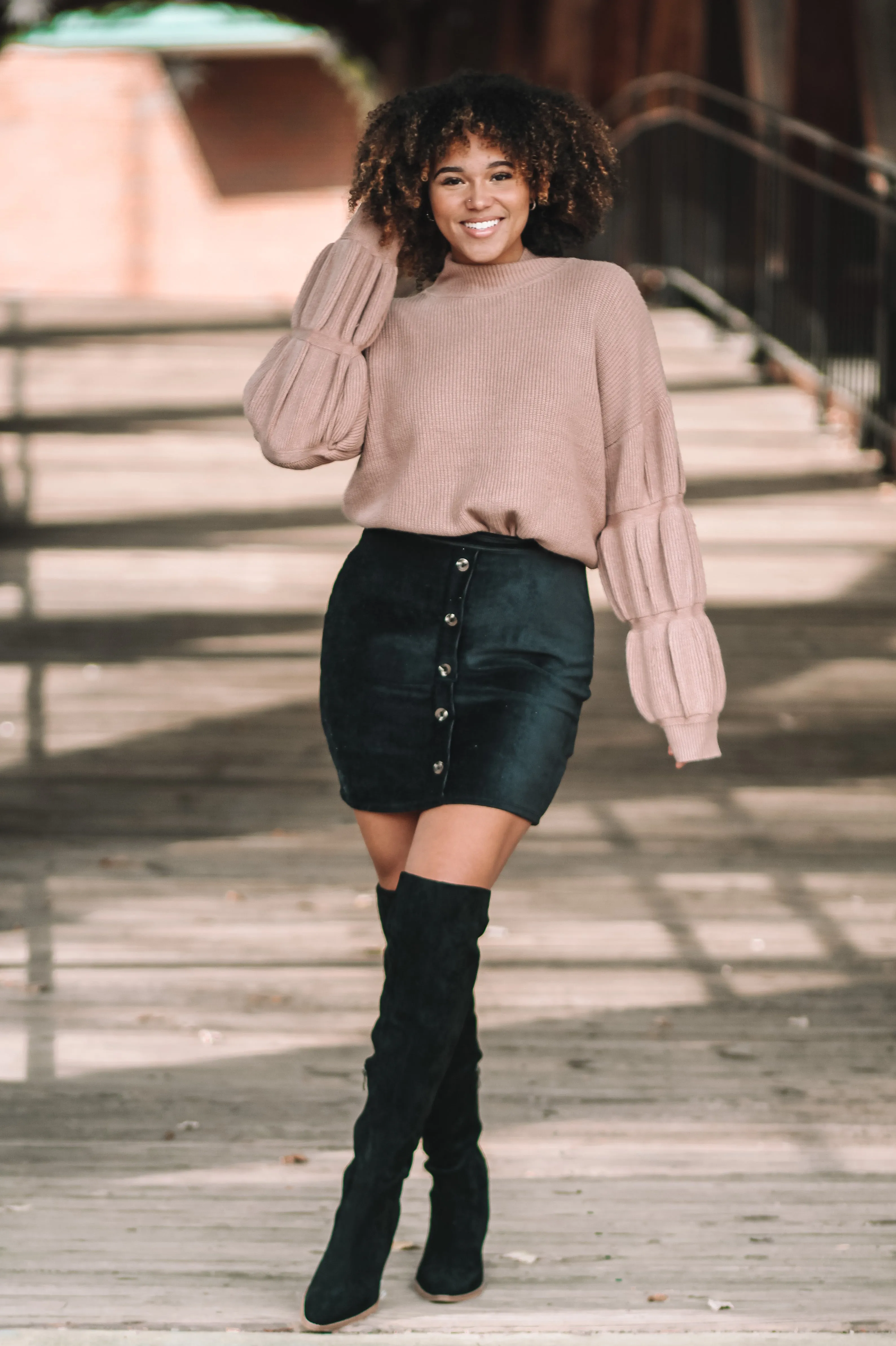 Camel Mock Neck Tiered Bubble Sleeve Sweater