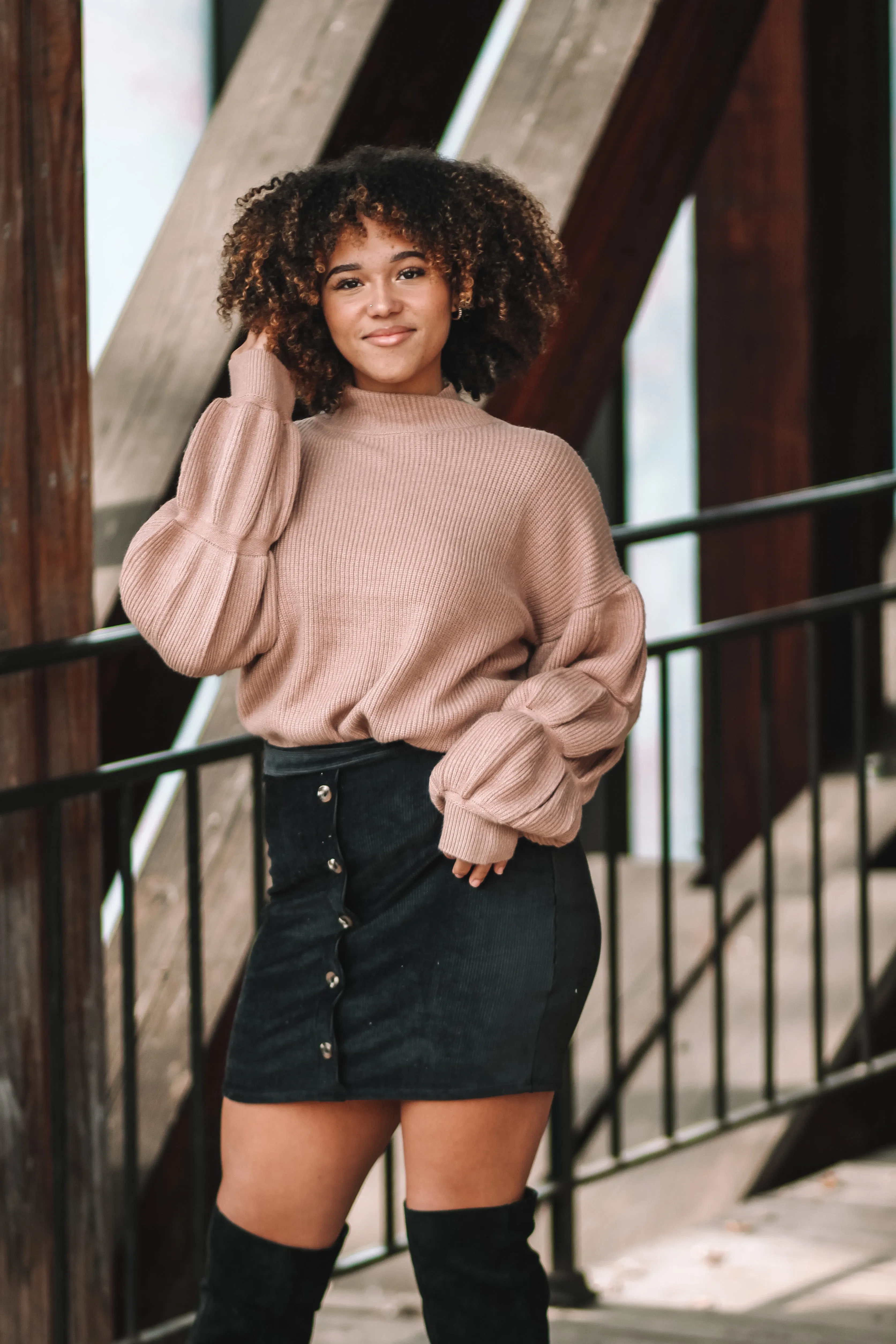Camel Mock Neck Tiered Bubble Sleeve Sweater