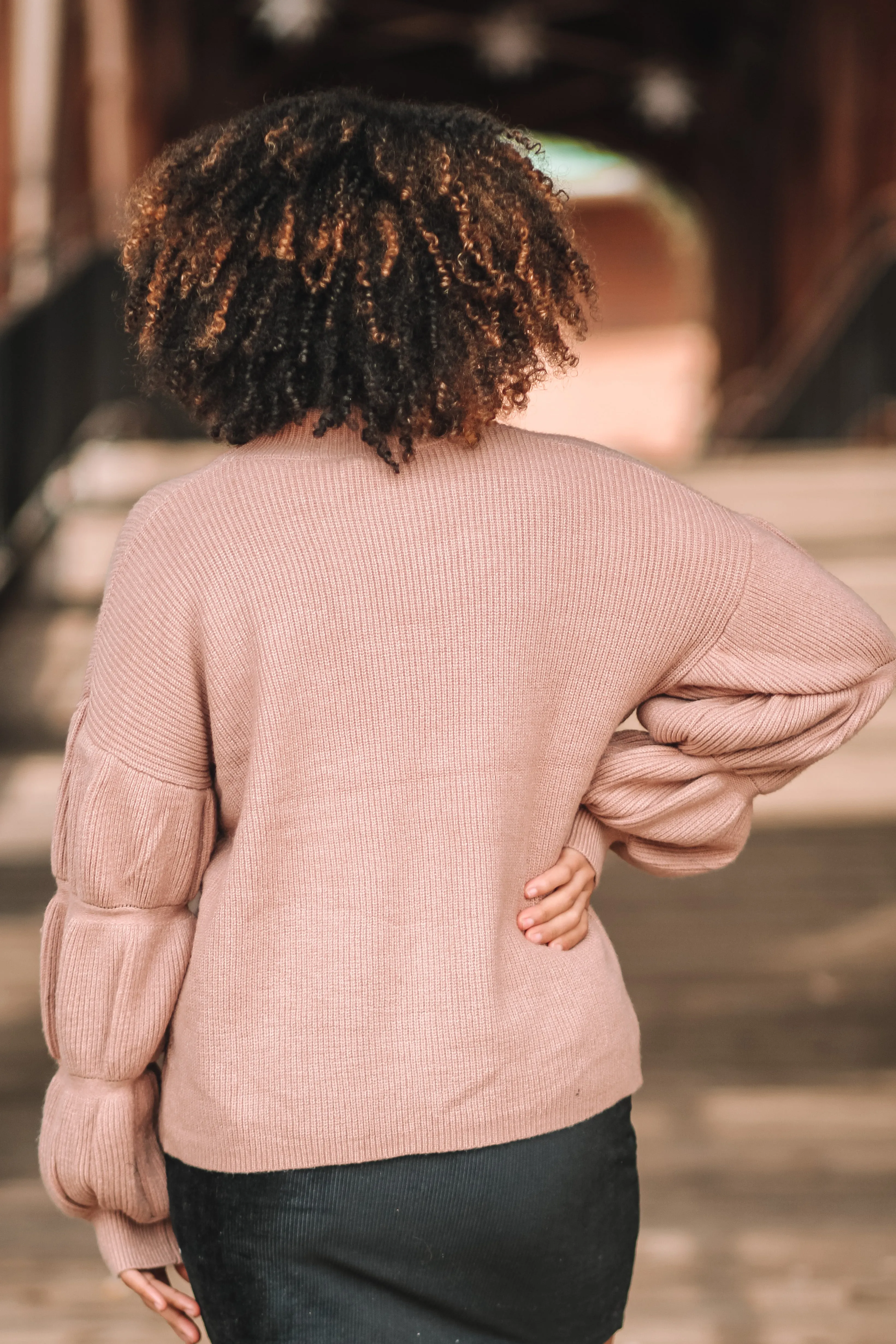 Camel Mock Neck Tiered Bubble Sleeve Sweater