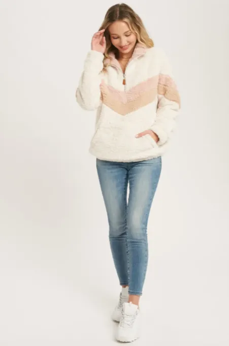 Chevron Sherpa Quarter Zip Pullover - Ivory