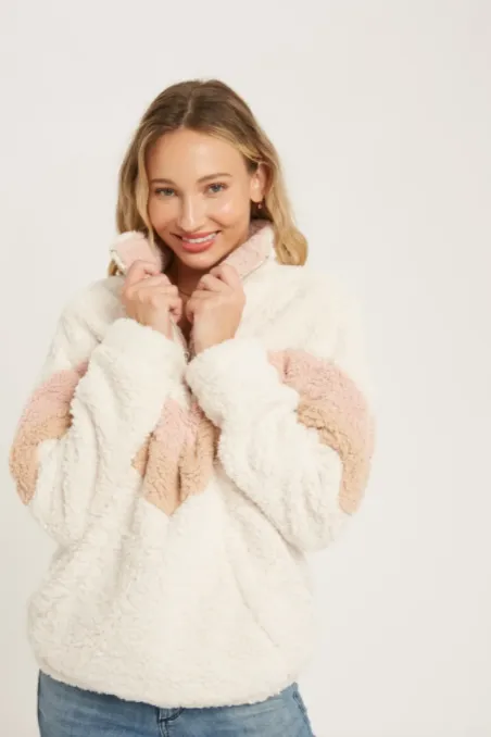 Chevron Sherpa Quarter Zip Pullover - Ivory