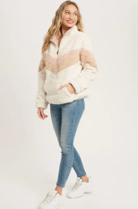 Chevron Sherpa Quarter Zip Pullover - Ivory