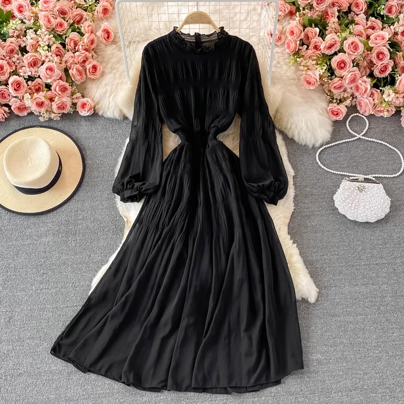 Chic Stand Collar Chiffon Dress Autumn Long Sleeves Long Skirt 1381