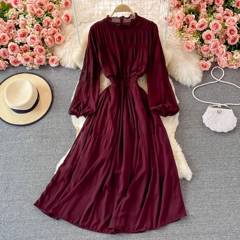 Chic Stand Collar Chiffon Dress Autumn Long Sleeves Long Skirt 1381