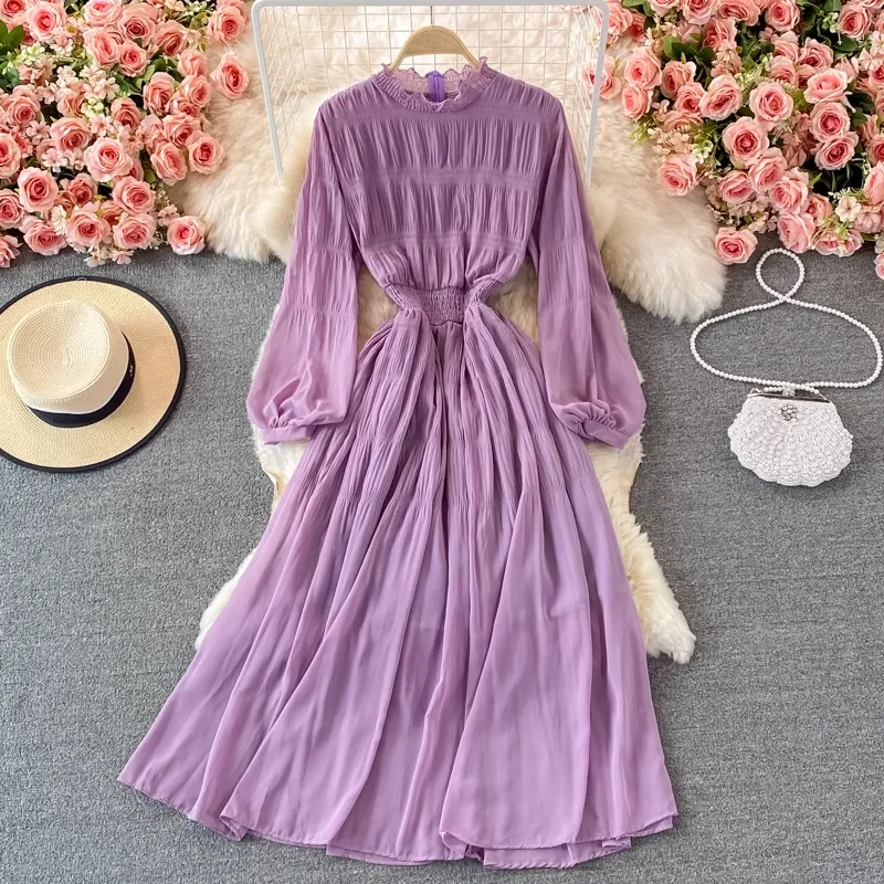 Chic Stand Collar Chiffon Dress Autumn Long Sleeves Long Skirt 1381