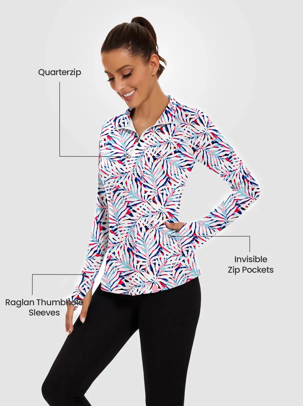 Colorful Leaves Quarter-zip Long-sleeve Fleece Tops for Women