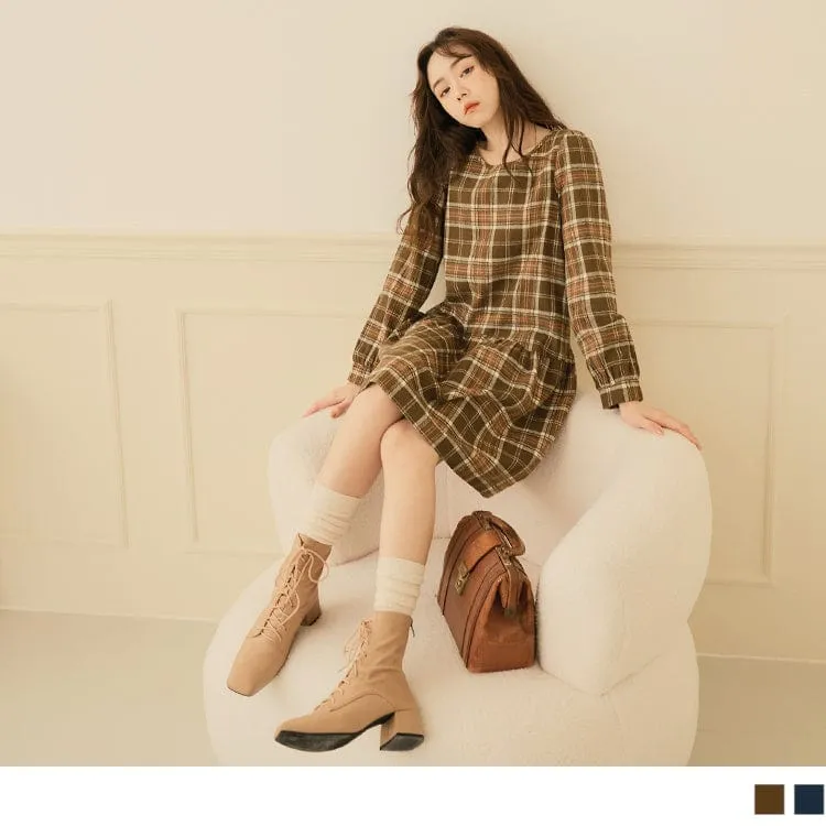 COTTON CHECKED ROUND NECK LONG SLEEVE MIDI DRESS
