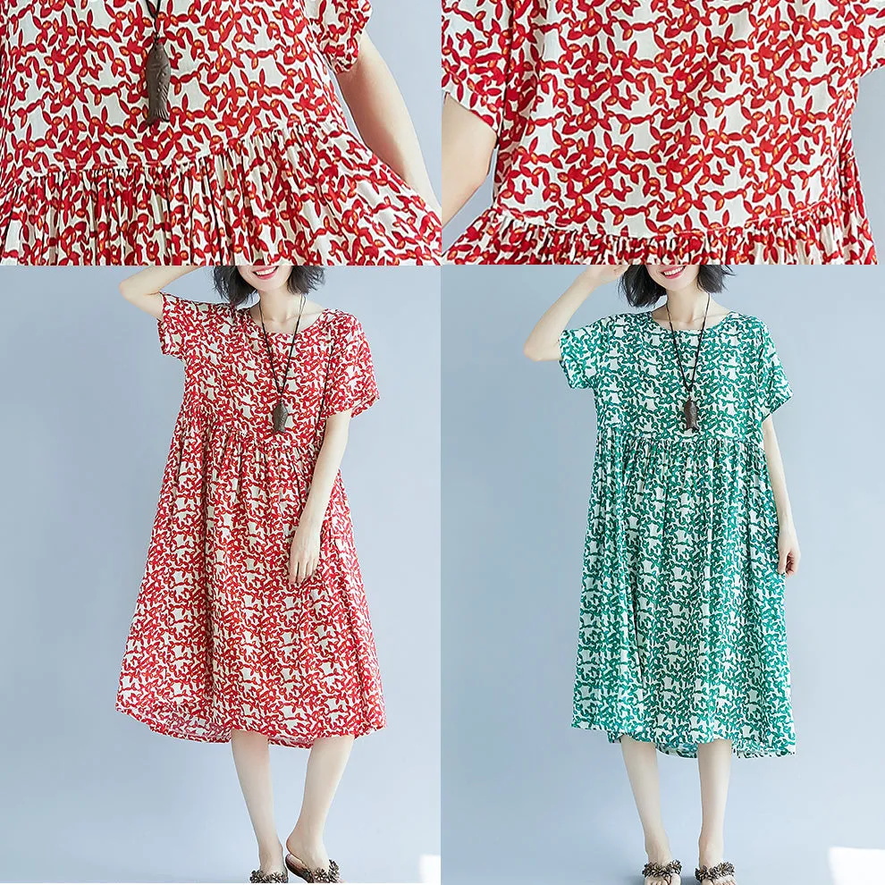 fashion green Midi chiffon dresses trendy plus size holiday dresses Fine short sleeve floral o neck dresses