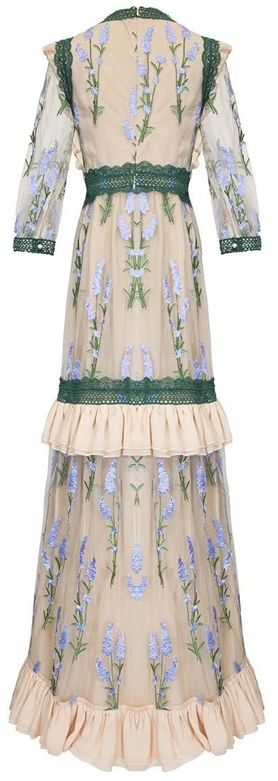 Floral-Embroidered Macrame Lace Trim Gown