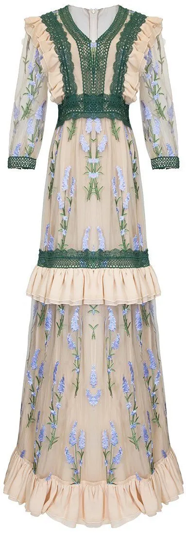 Floral-Embroidered Macrame Lace Trim Gown