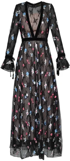 Floral-Embroidered Mesh-Overlay Gown