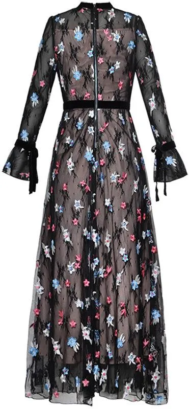 Floral-Embroidered Mesh-Overlay Gown