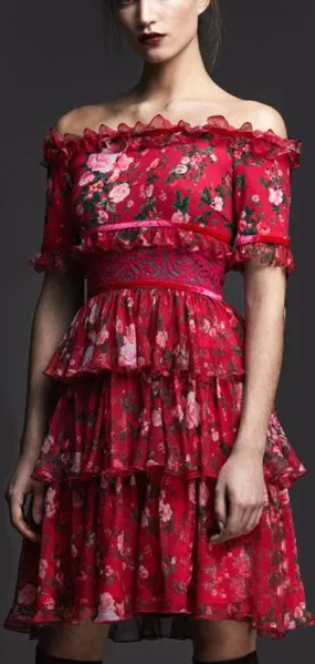 Floral-Printed Off-the-Shoulder Ruffled Tiered Mini Dress in Red