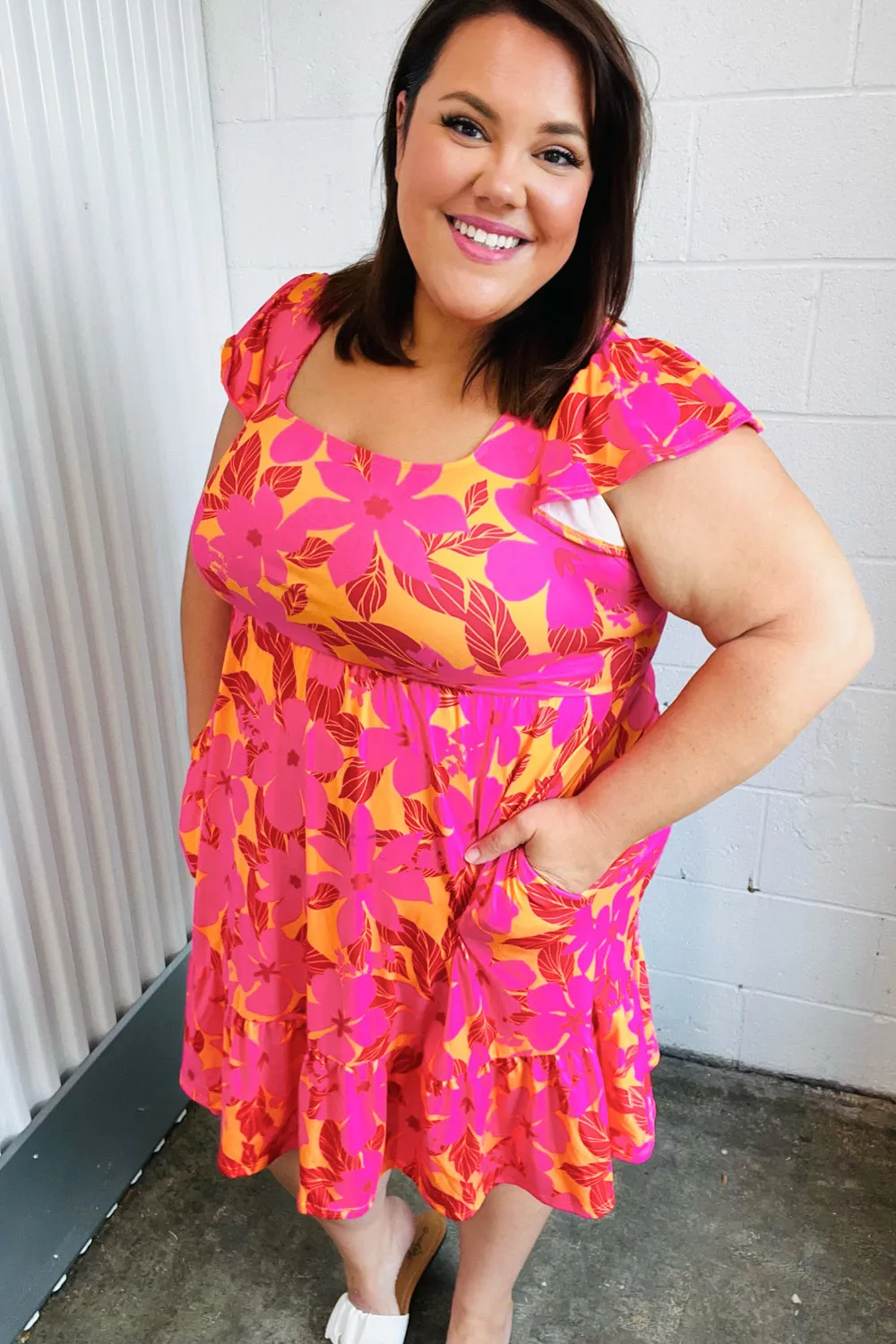 Fuchsia Orange Floral Square Neck Ruffle Hem Dress