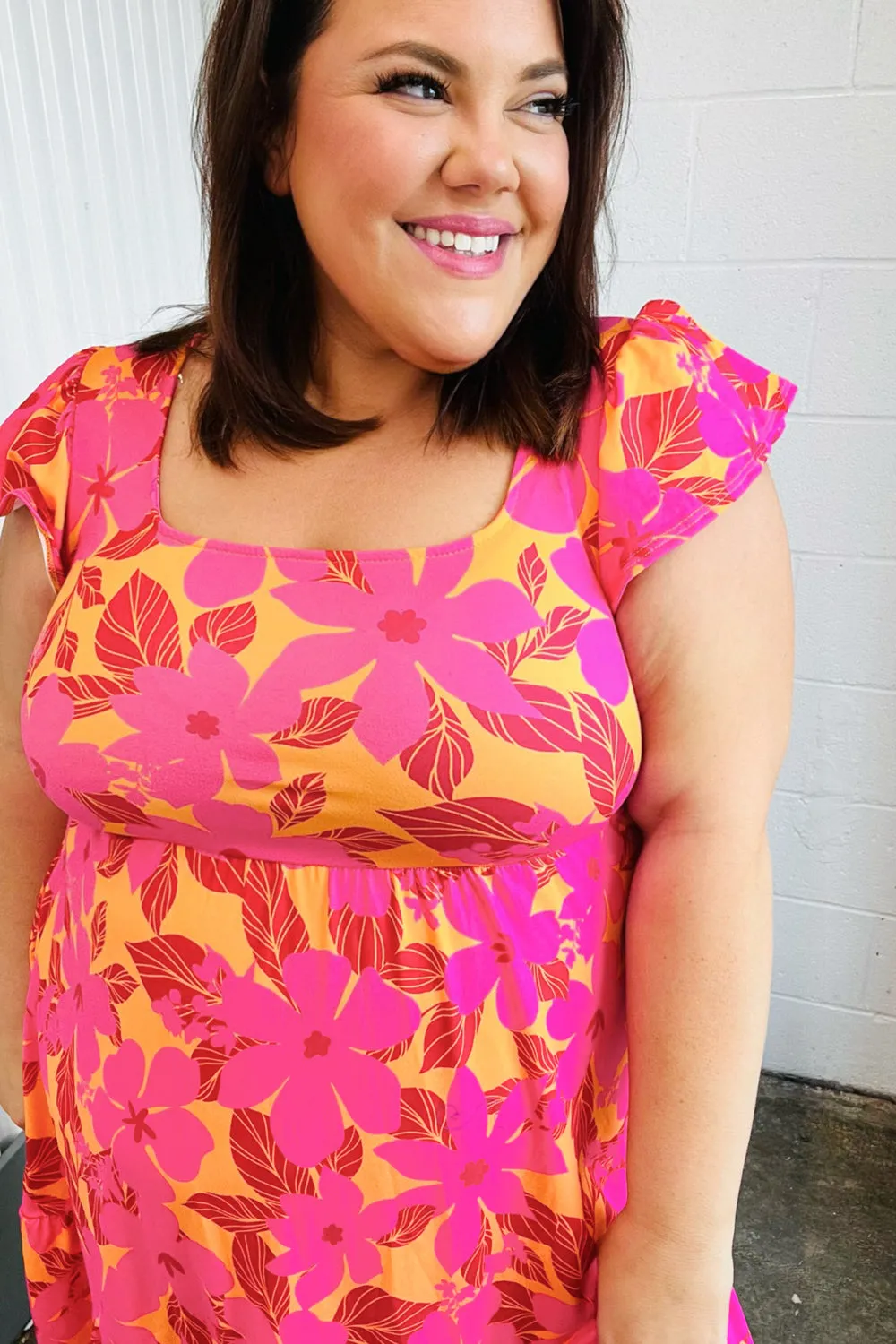Fuchsia Orange Floral Square Neck Ruffle Hem Dress