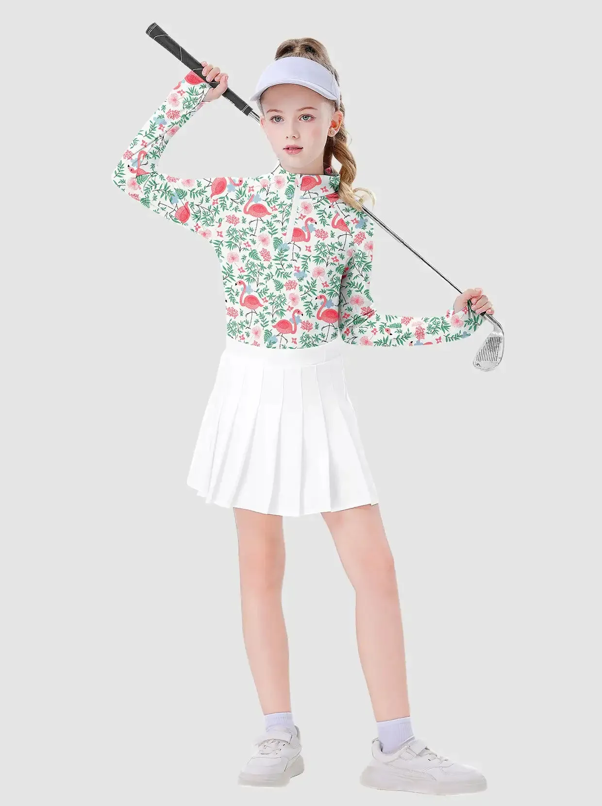 Girls Flamigo Pattern Quarter-zip Long-sleeve Shirt with thumbhole