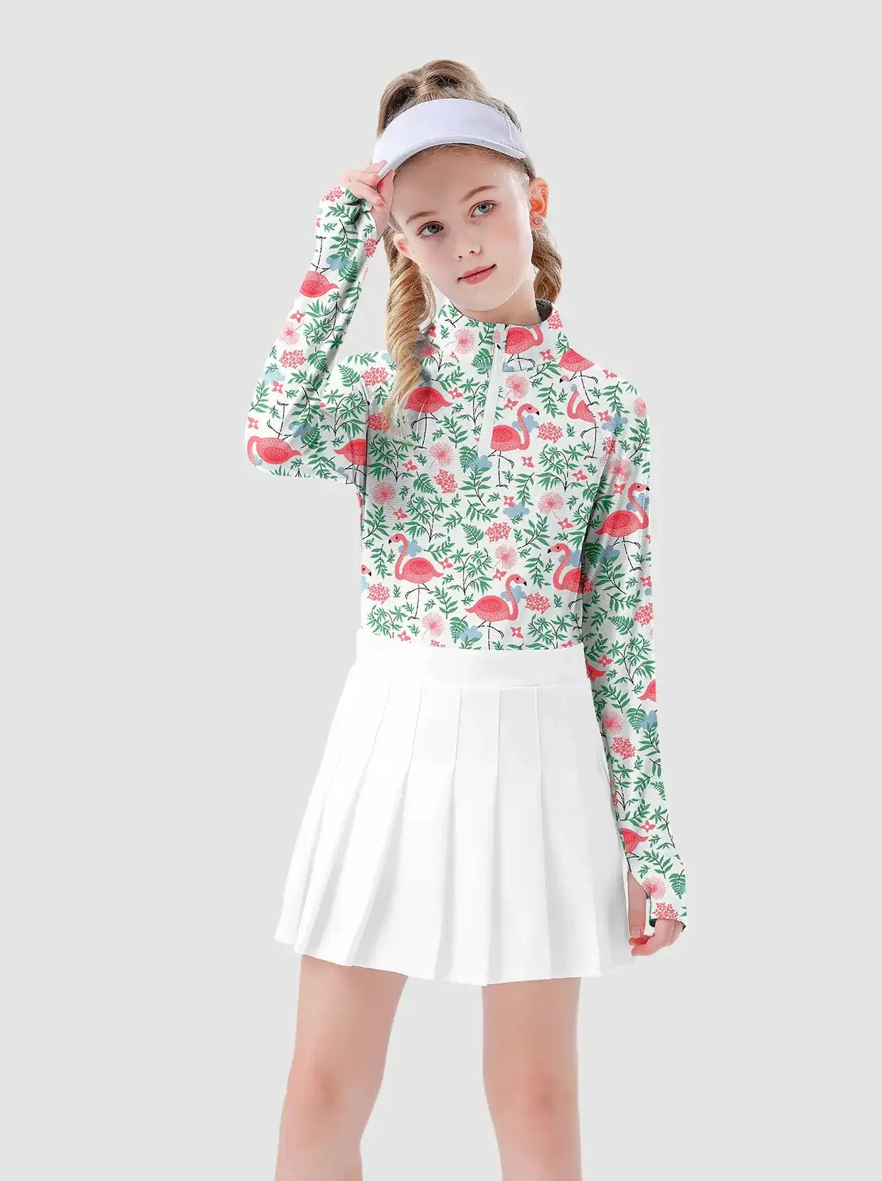 Girls Flamigo Pattern Quarter-zip Long-sleeve Shirt with thumbhole