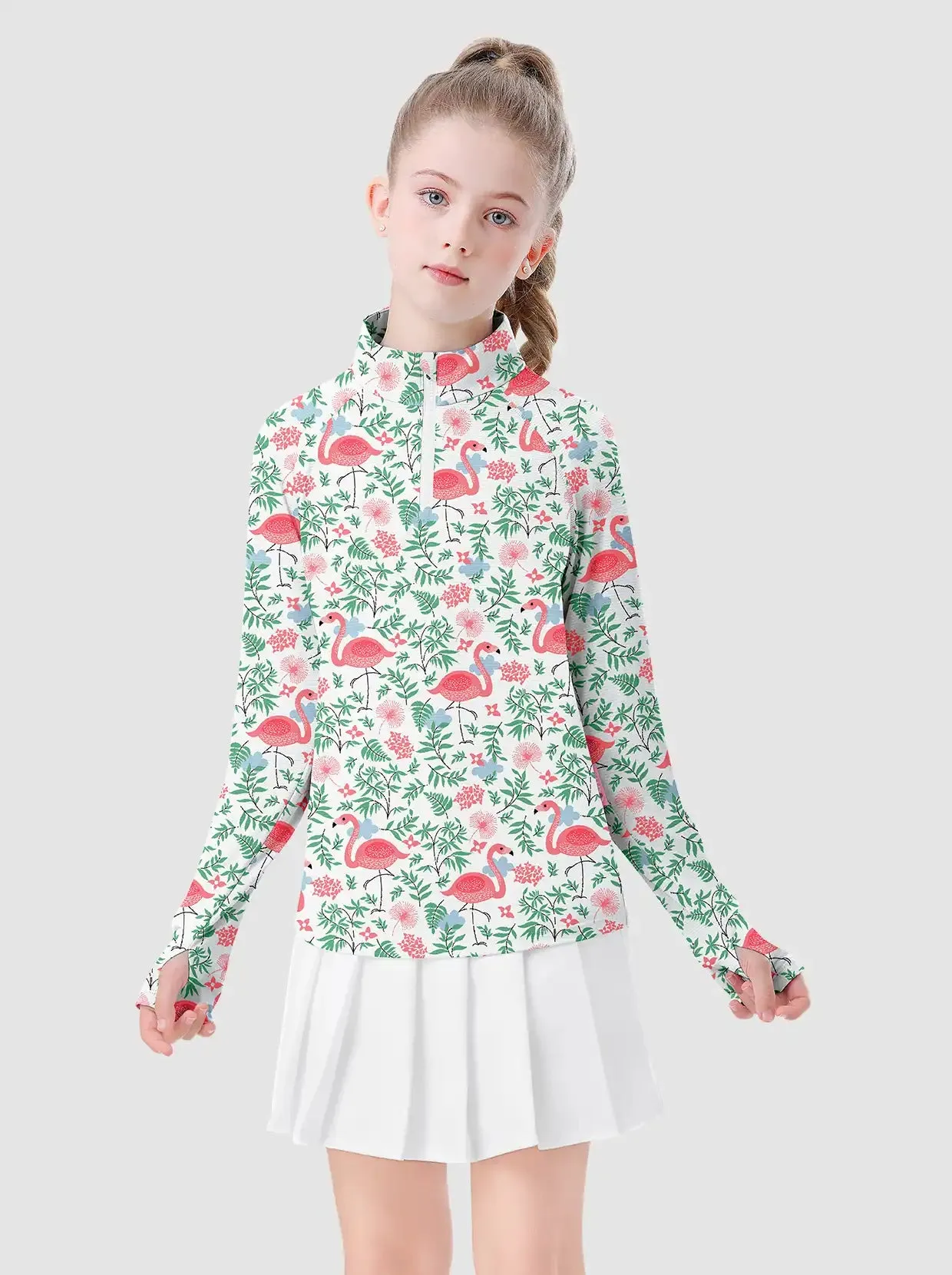 Girls Flamigo Pattern Quarter-zip Long-sleeve Shirt with thumbhole