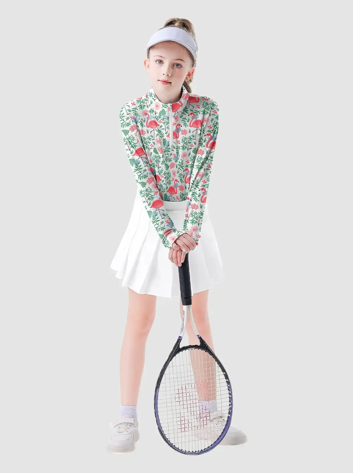 Girls Flamigo Pattern Quarter-zip Long-sleeve Shirt with thumbhole