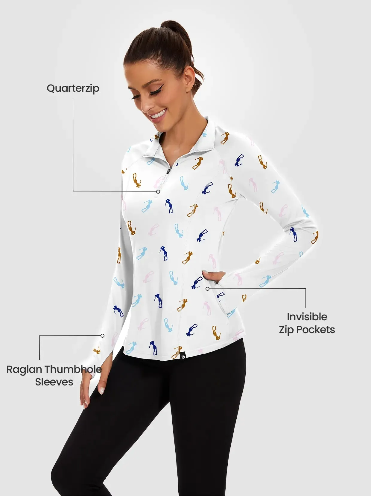 Golfer Print Quarter-zip Long-sleeve Fleece Tops for Women